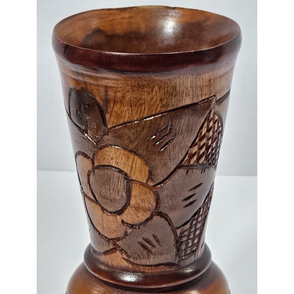 Vintage Boho Tiki Style Hand-Carved Wooden Floral Vase  9” Rustic Folk Art Decor - Picture 10 of 10